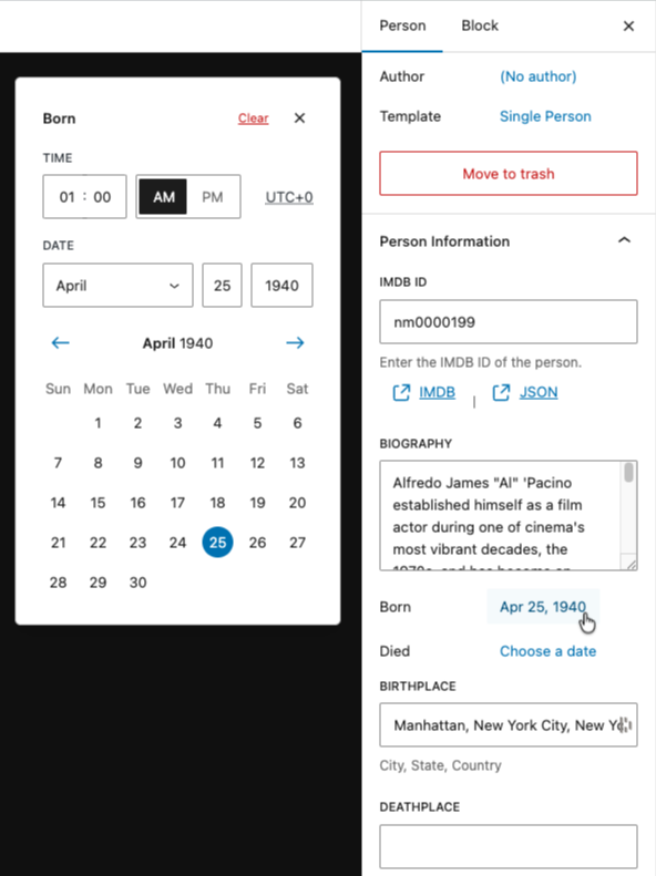 Screenshot of a the Birthplace meta field control and popover