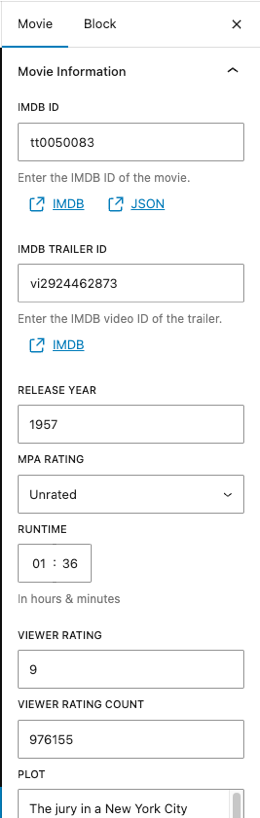 Screenshot of a the editor Movie Information meta panel