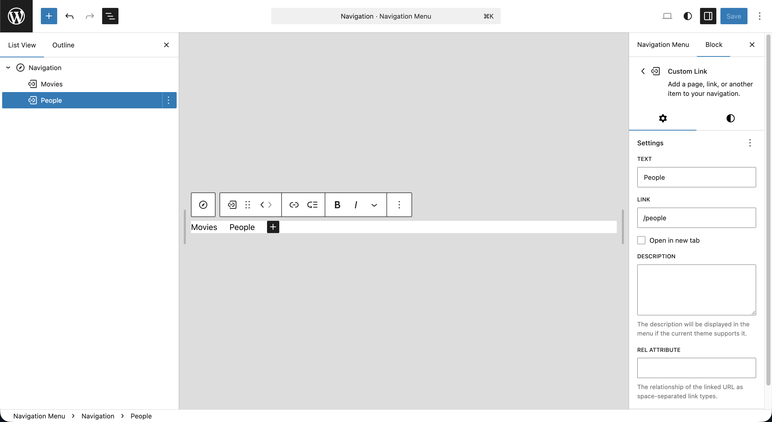 The completed Navigation in the editor