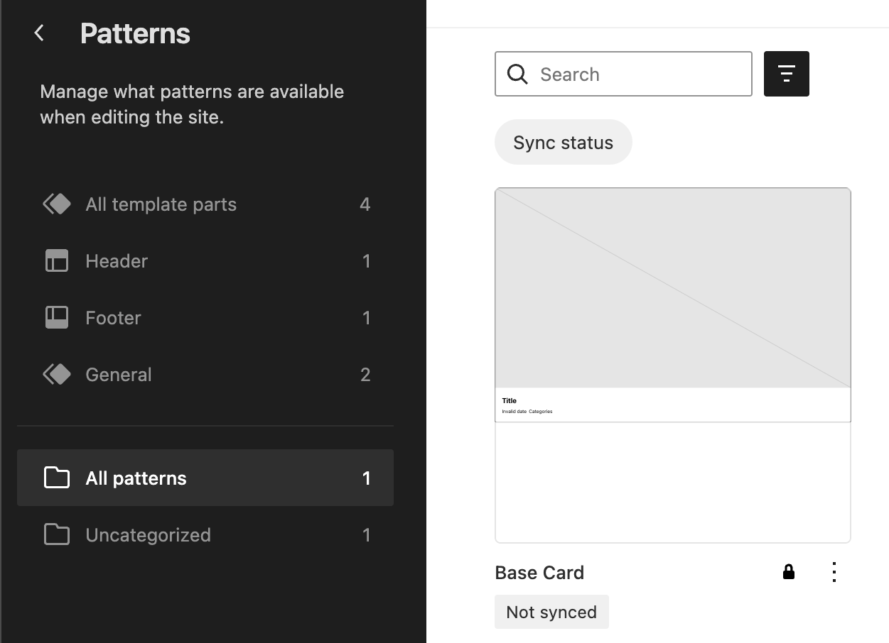 The Patterns tab with Card set true